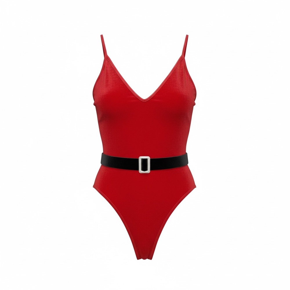 Red V‑Neck One‑Piece Santa velvet bodysuit with Black Belt